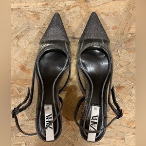 ZARA Sparkly Vinyl Slingback Heels - Black Glitter & Clear - Size 6